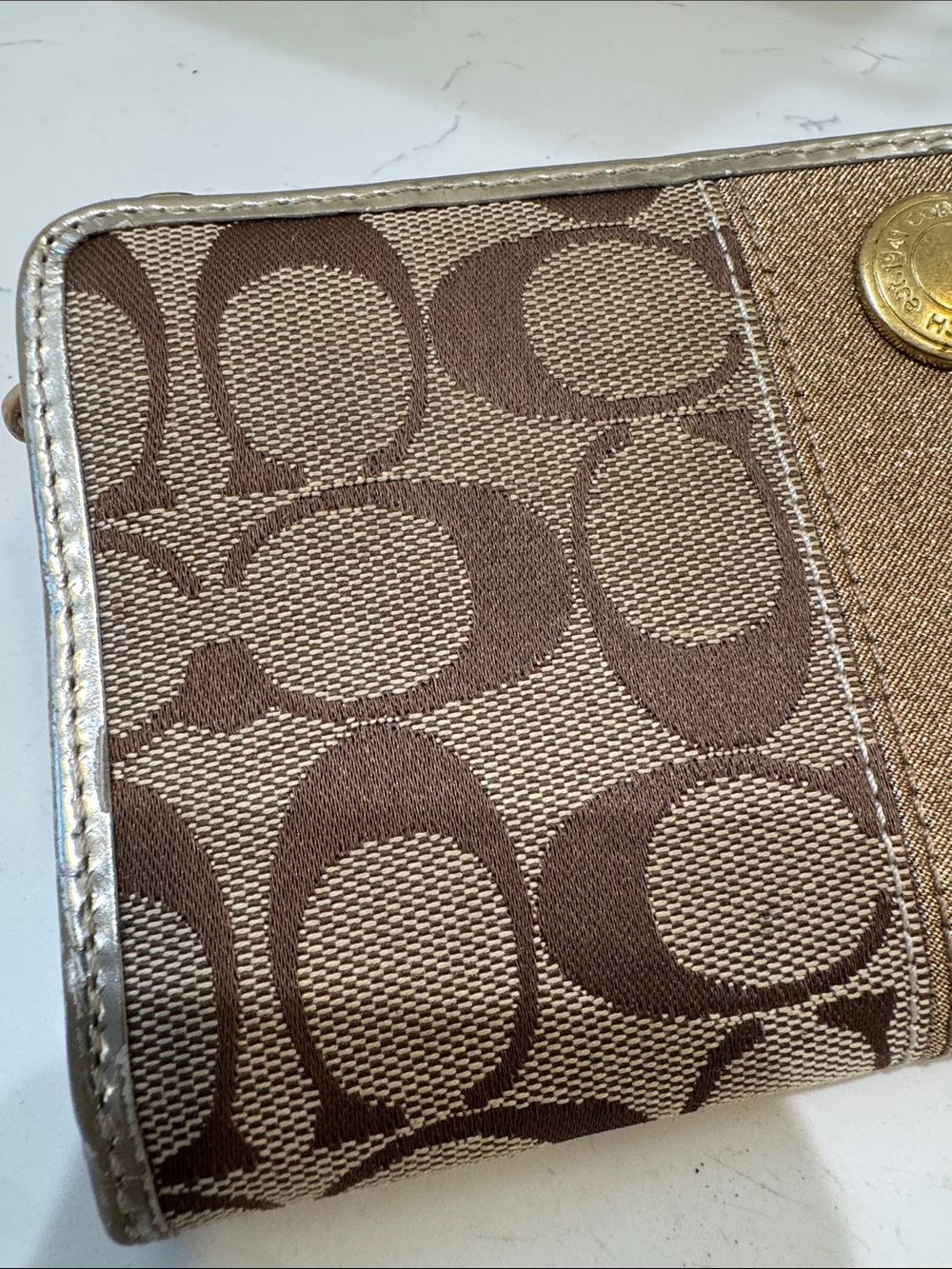 Coach Brown Monogram Wallet with Metallic Gold Trim - Picture 3 of 13